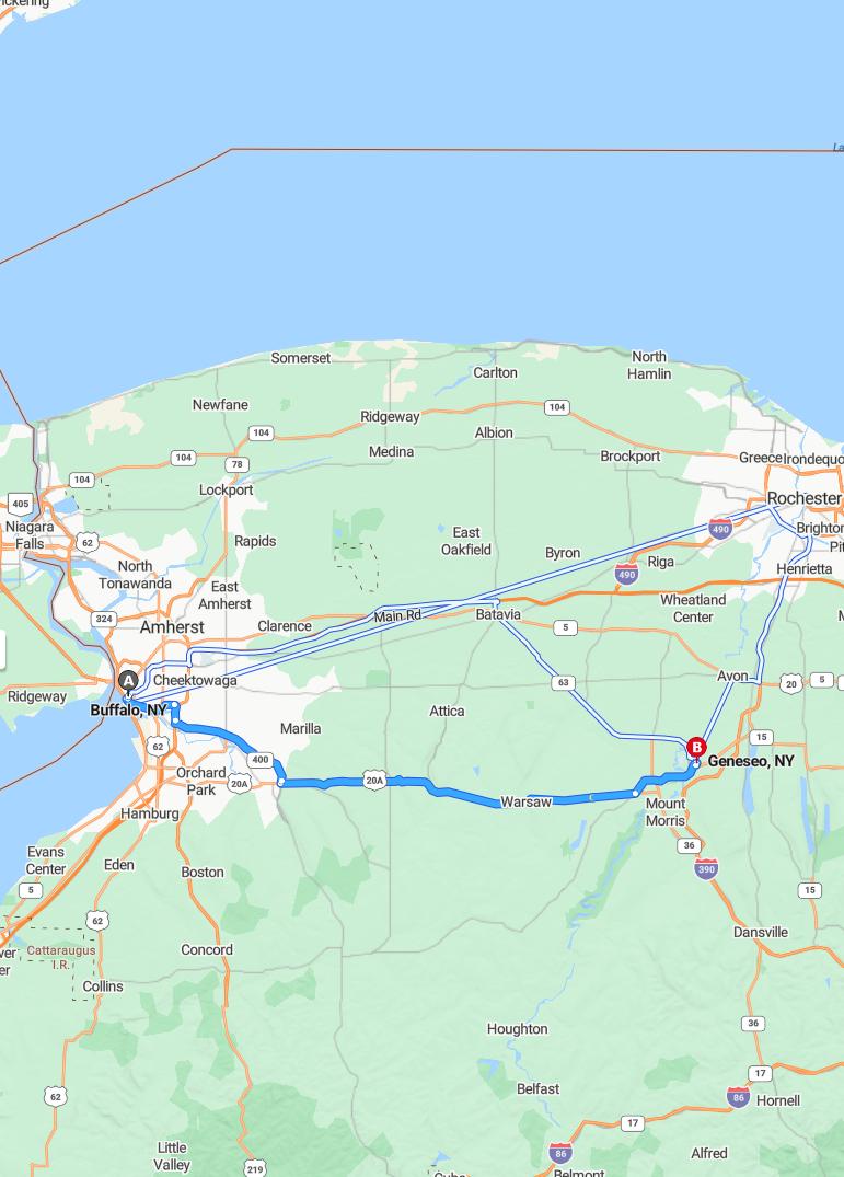 driving from Buffalo, New York to GeneseoNew York - map and route