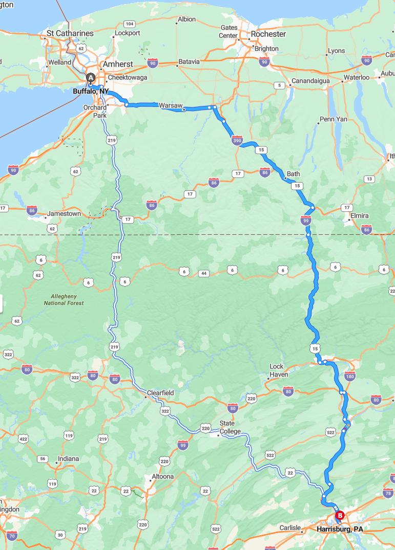 driving from Buffalo, New York to HarrisburgPennsylvania - map and route