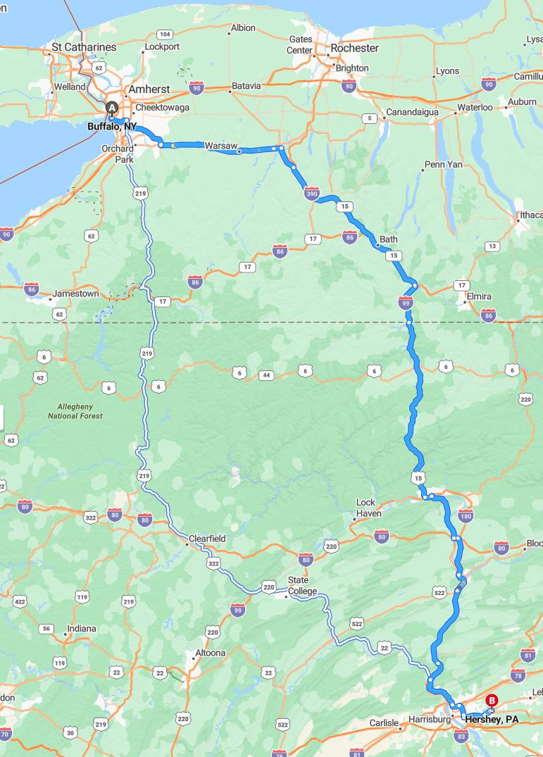 driving from Buffalo, New York to HersheyPennsylvania - map and route