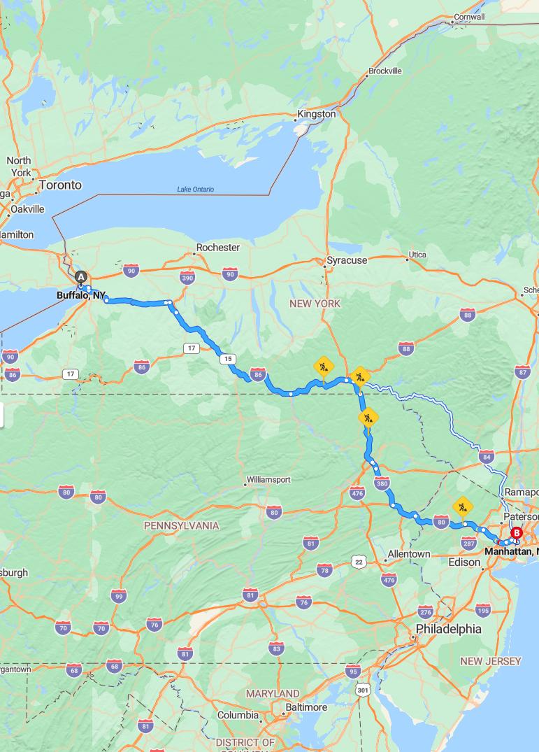 driving from Buffalo, New York to ManhattanNew York - map and route