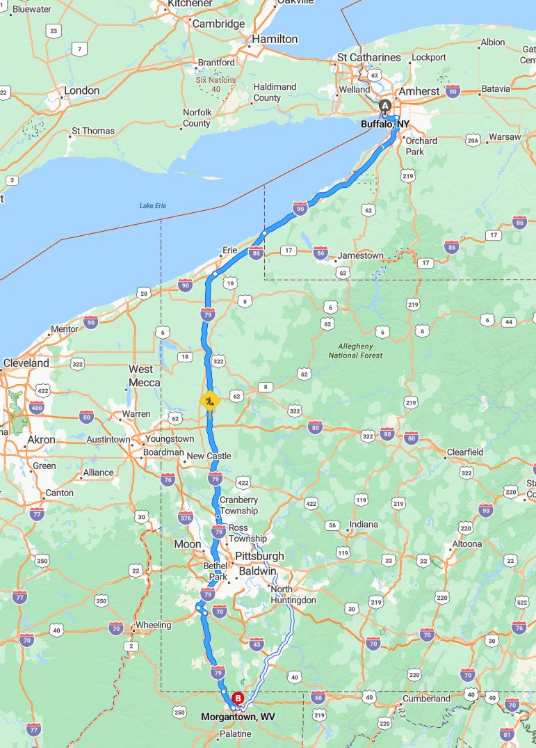 driving from Buffalo, New York to MorgantownWest Virginia - map and route