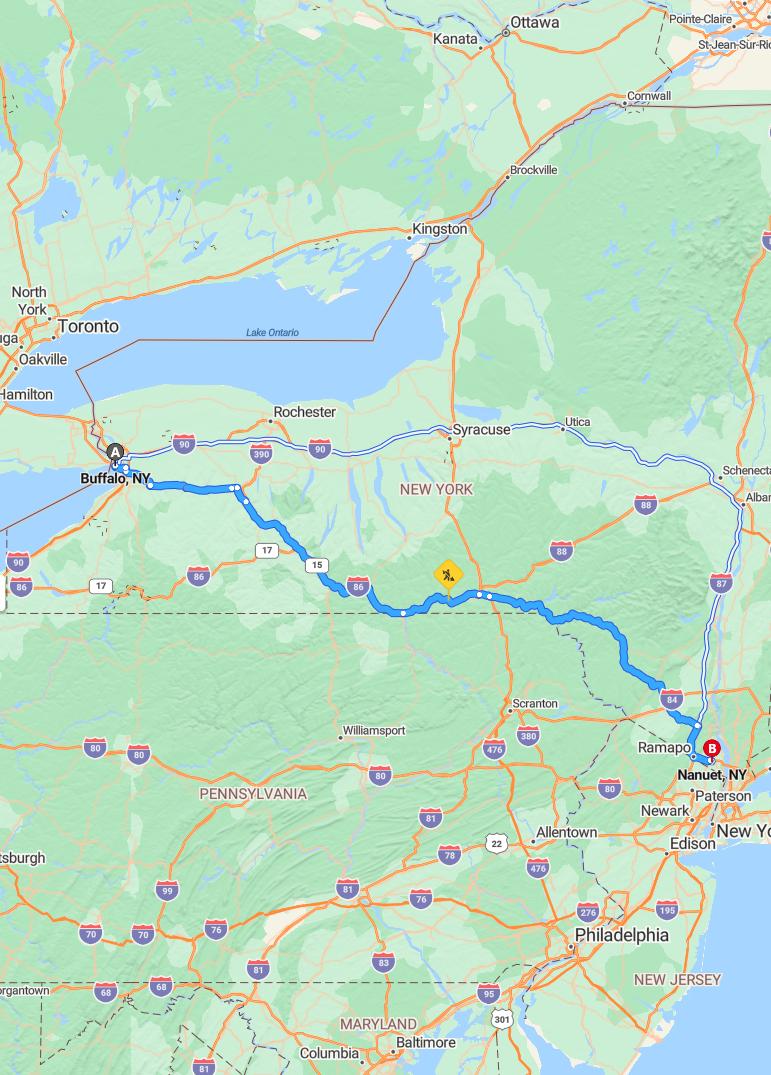 driving from Buffalo, New York to NanuetNew York - map and route
