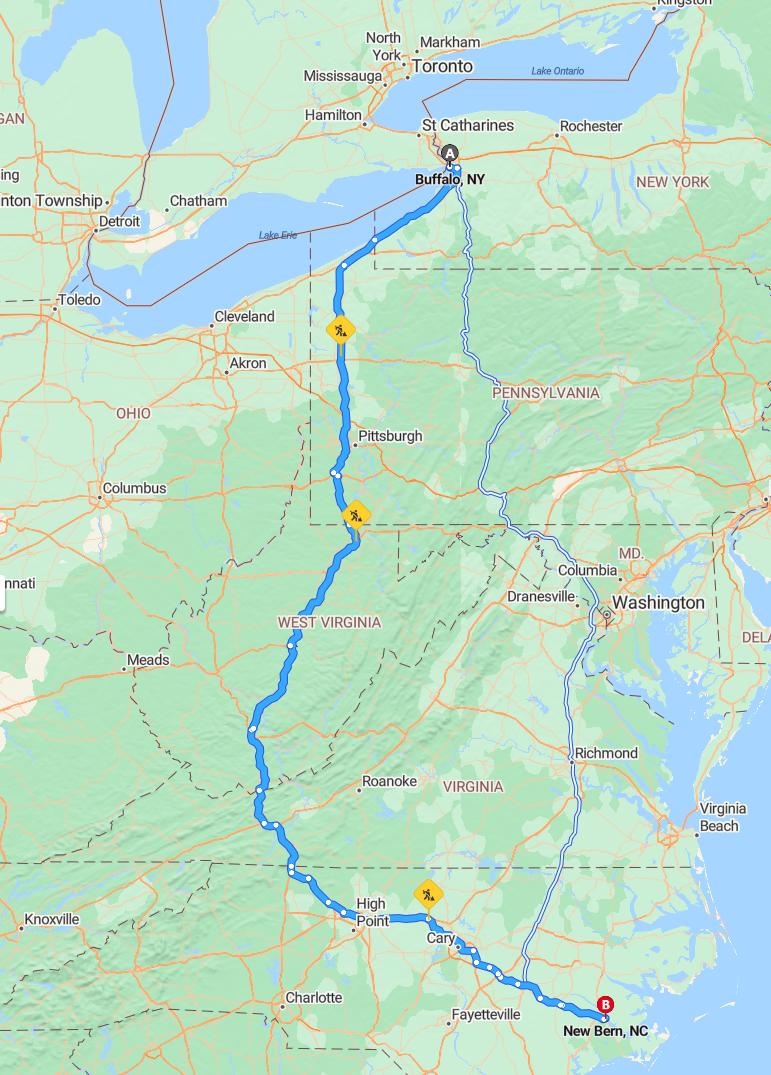 driving from Buffalo, New York to New BernNorth Carolina - map and route