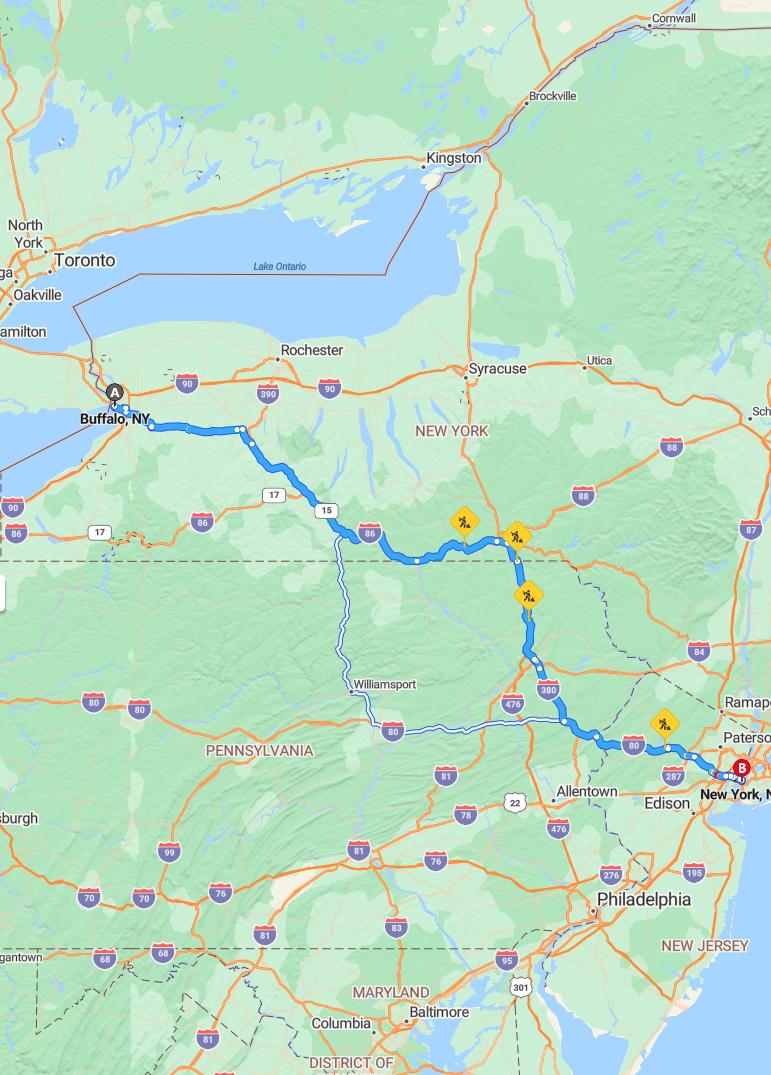 driving from Buffalo, New York to New York CityNew York - map and route