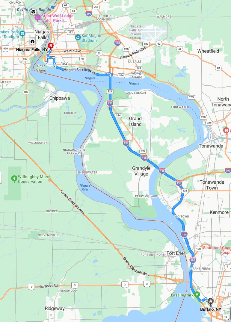 driving from Buffalo, New York to Niagara FallsNew York - map and route