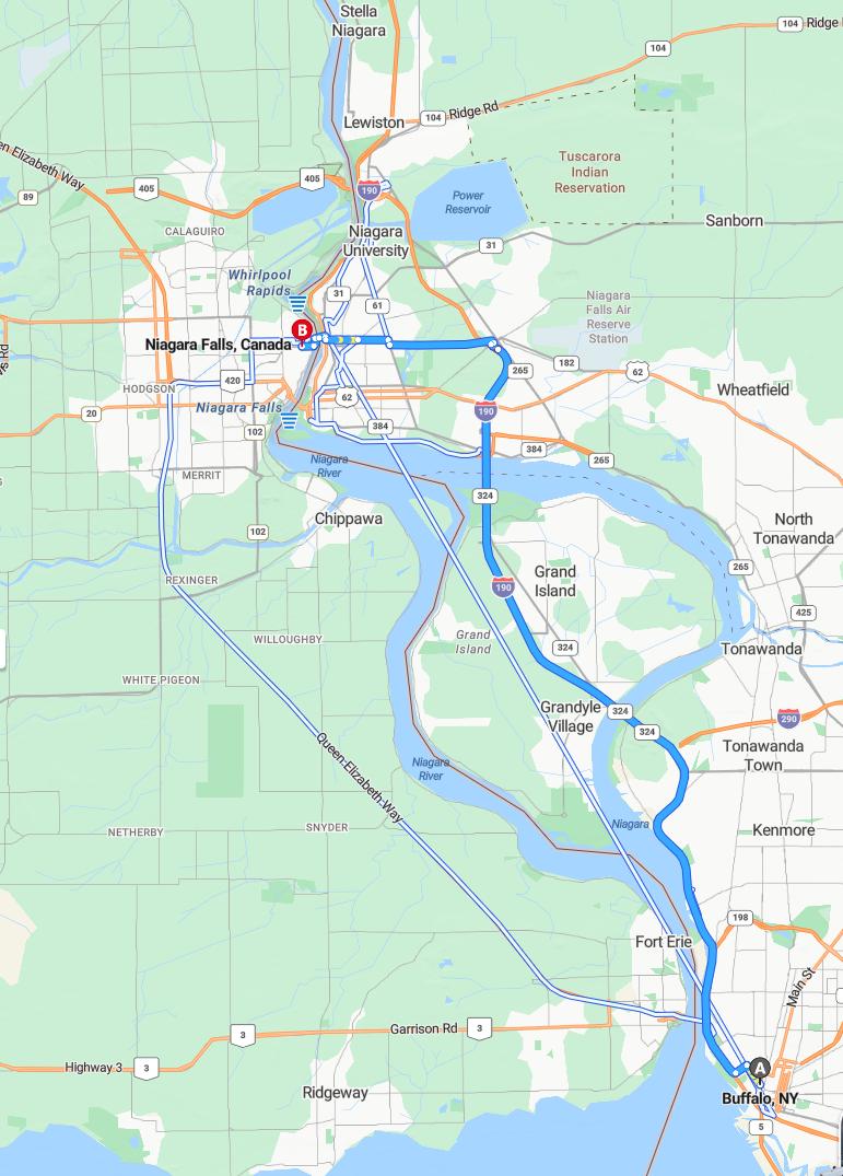 driving from Buffalo, New York to Niagara FallsOntario - map and route