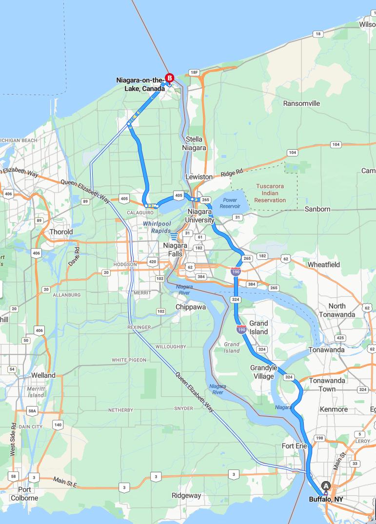 driving from Buffalo, New York to Niagara-on-the-LakeOntario - map and route