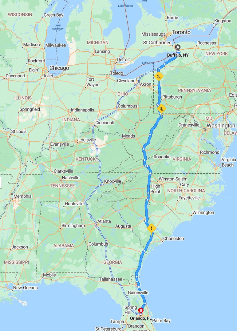 driving from Buffalo, New York to OrlandoFlorida - map and route
