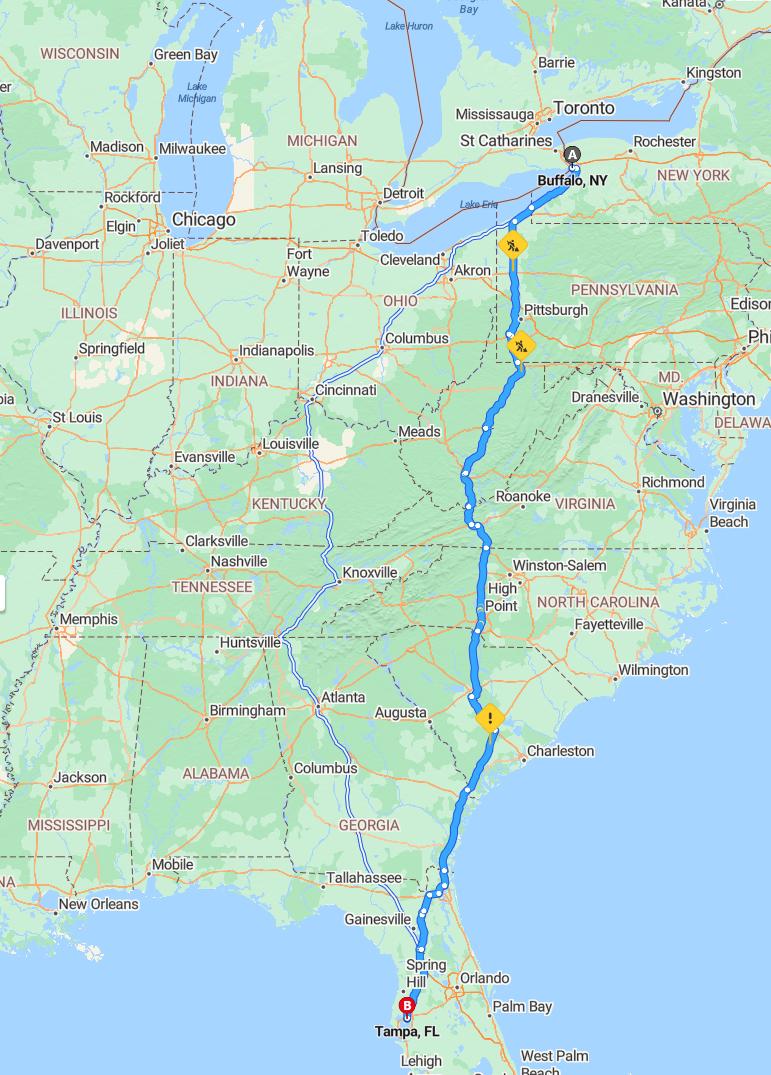 driving from Buffalo, New York to TampaFlorida - map and route
