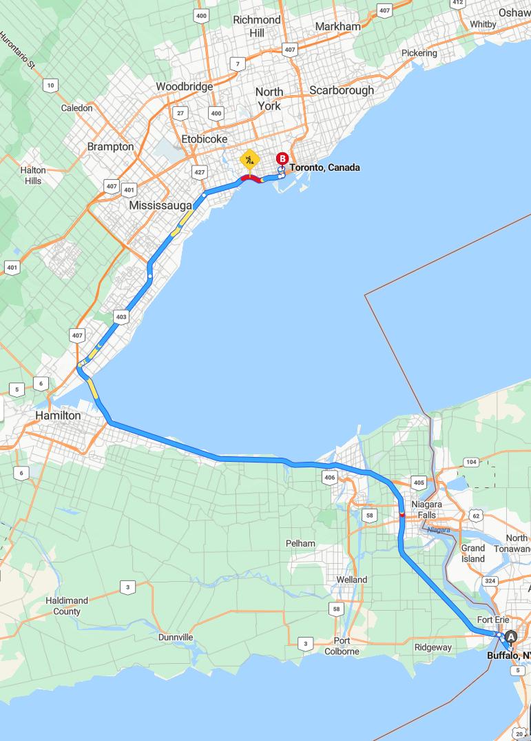 driving from Buffalo, New York to TorontoOntario - map and route