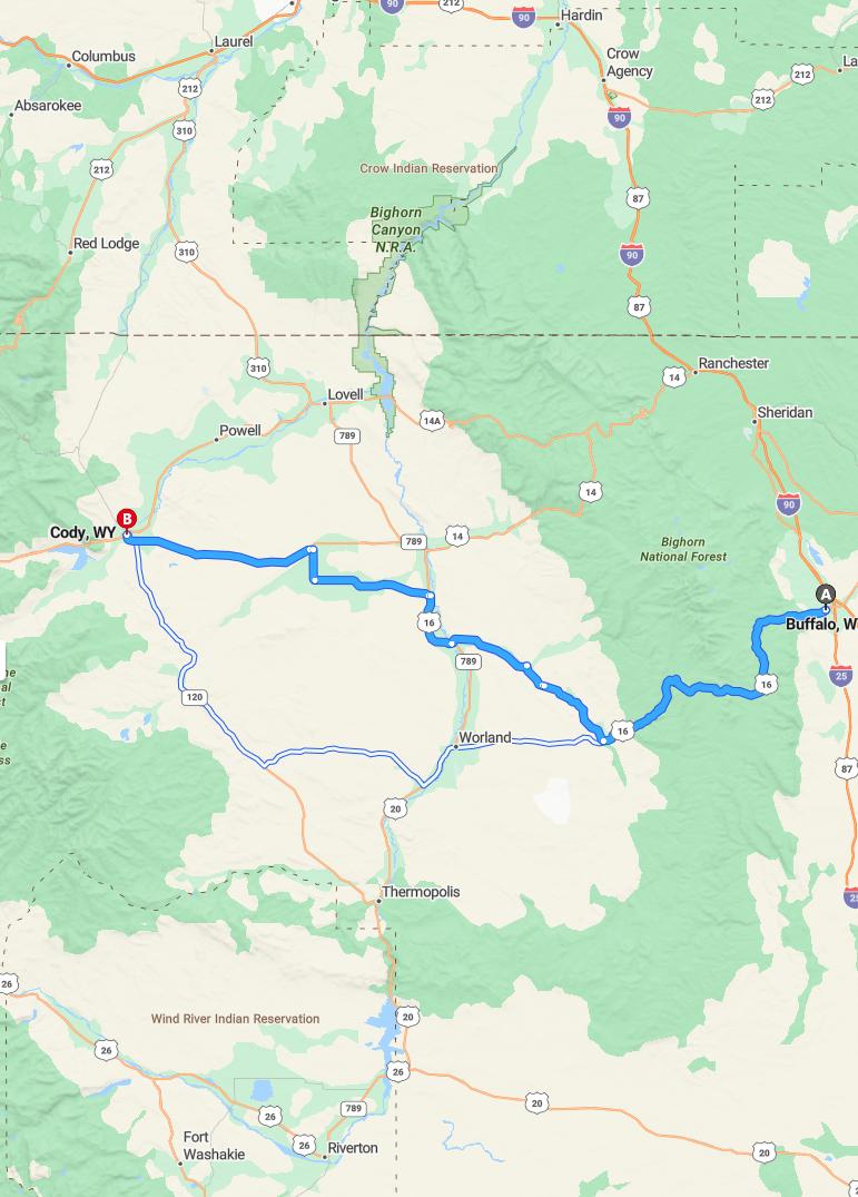 driving from Buffalo, Wyoming to CodyWyoming - map and route