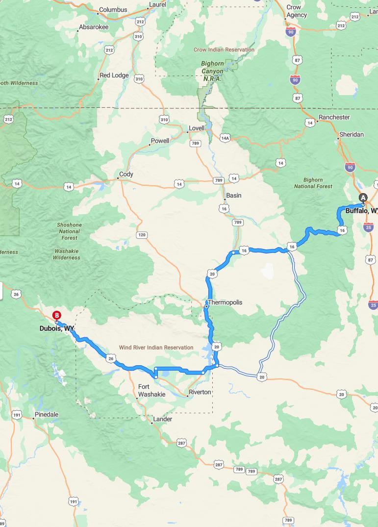 driving from Buffalo, Wyoming to DuboisWyoming - map and route