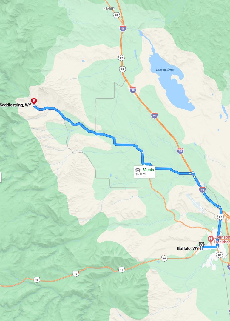 driving from Buffalo, Wyoming to SaddlestringWyoming - map and route