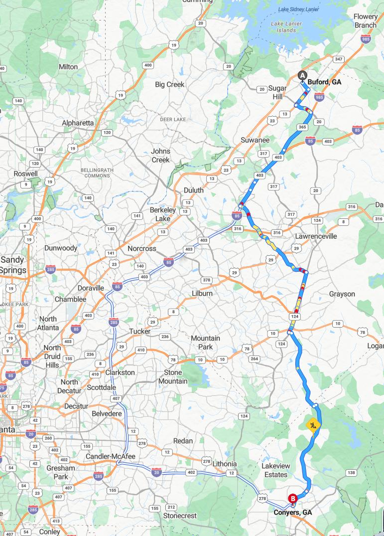 driving from Buford, Georgia to ConyersGeorgia - map and route