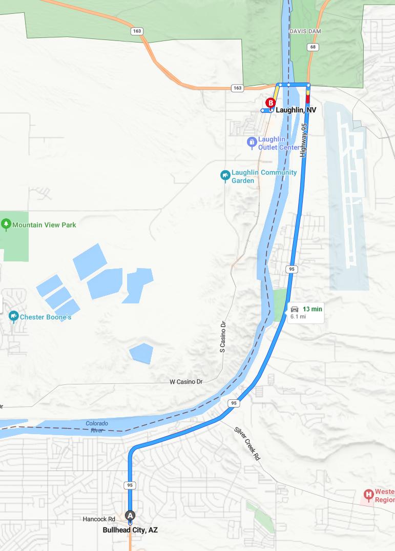 driving from Bullhead City, Arizona to LaughlinNevada - map and route