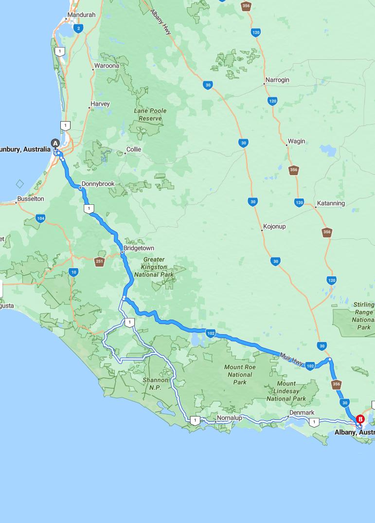 driving from Bunbury, Western Australia to AlbanyWestern Australia - map and route