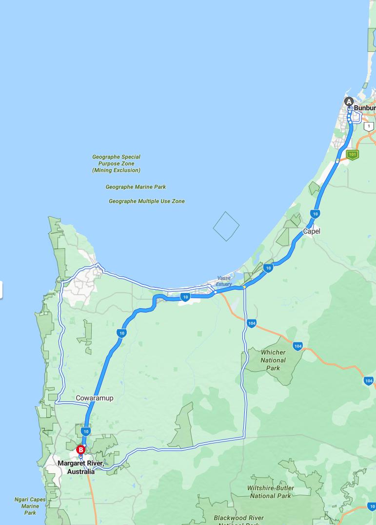 driving from Bunbury, Western Australia to Margaret RiverWestern Australia - map and route