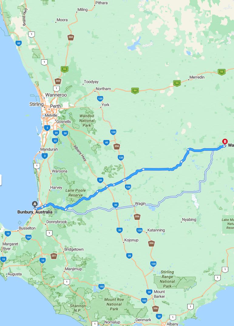 driving from Bunbury, Western Australia to Wave RockWestern Australia - map and route