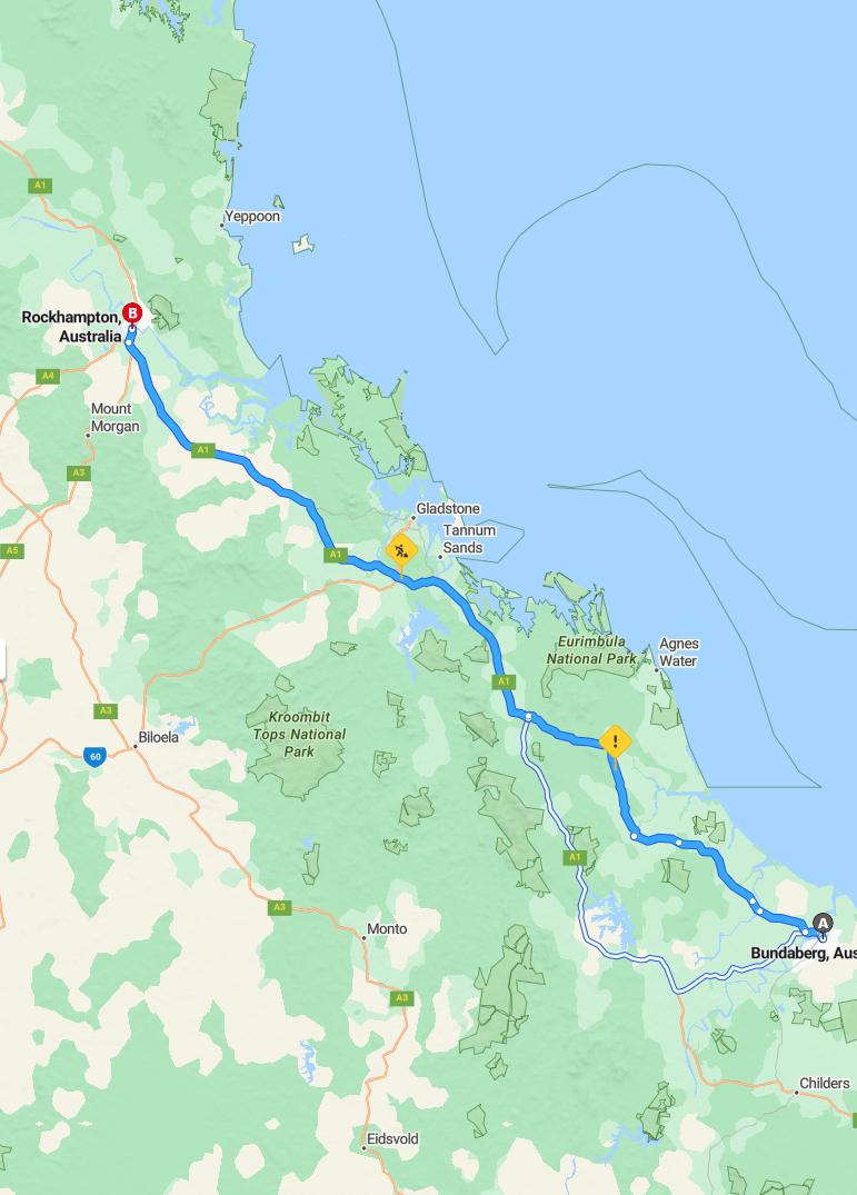 driving from Bundaberg, Queensland to RockhamptonQueensland - map and route