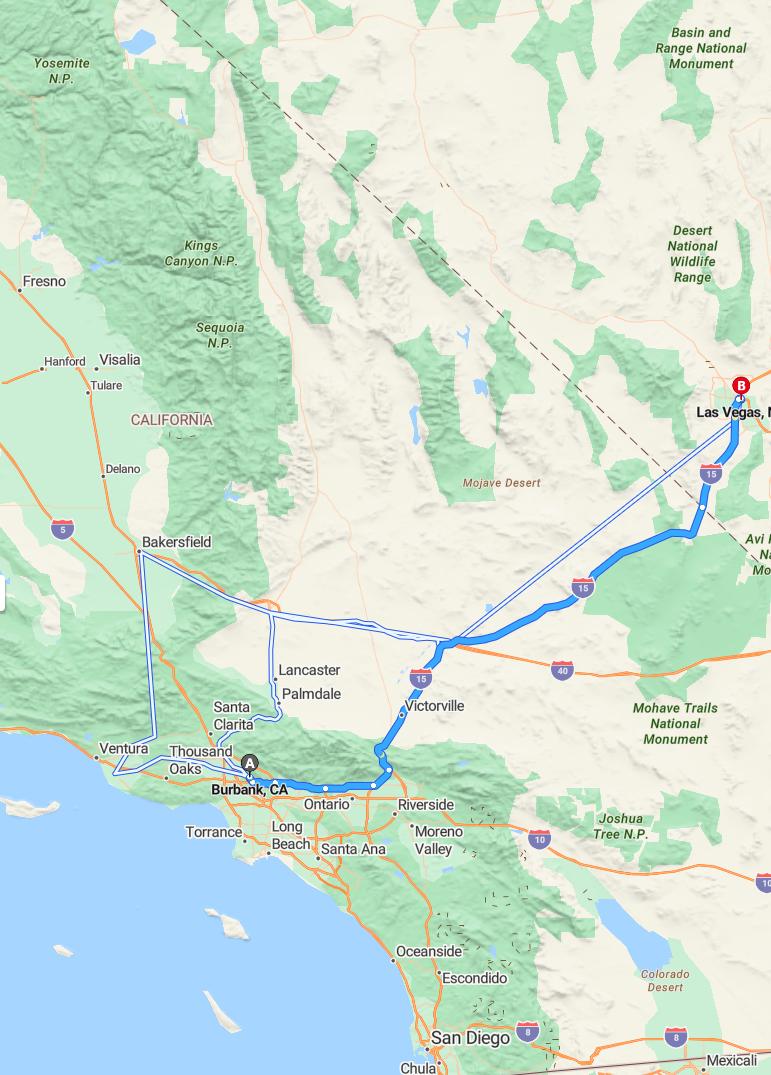 driving from Burbank, California to Las VegasNevada - map and route