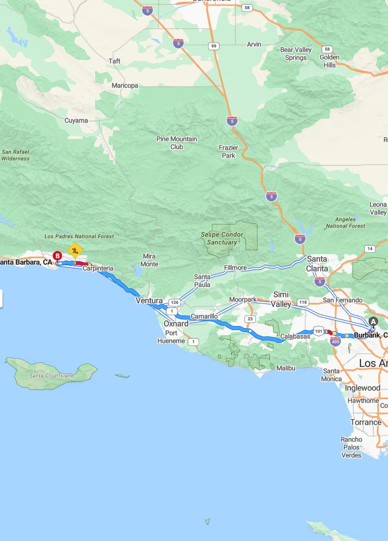 driving from Burbank, California to Santa BarbaraCalifornia - map and route