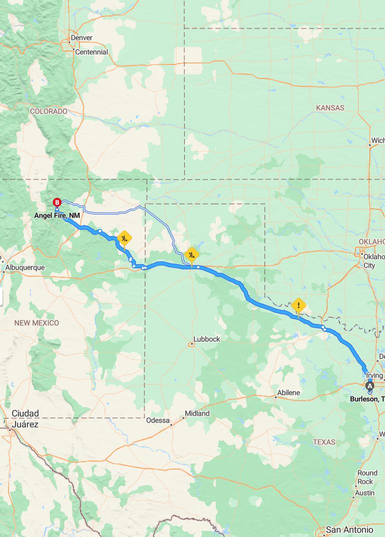 driving from Burleson, Texas to Angel FireNew Mexico - map and route