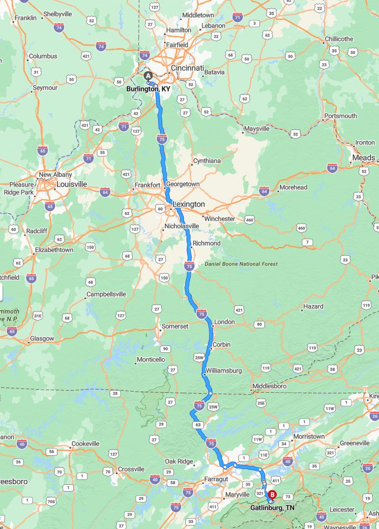 driving from Burlington, Kentucky to GatlinburgTennessee - map and route