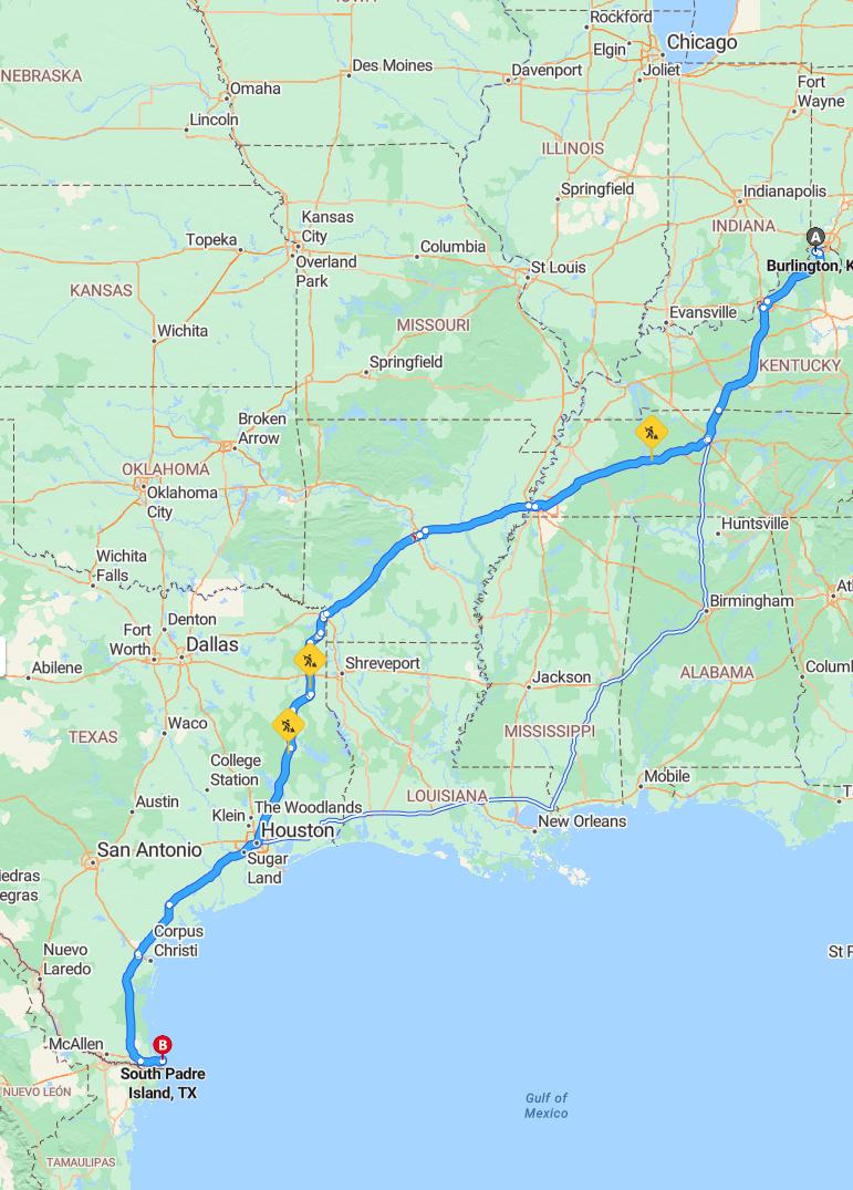 driving from Burlington, Kentucky to South Padre IslandTexas - map and route
