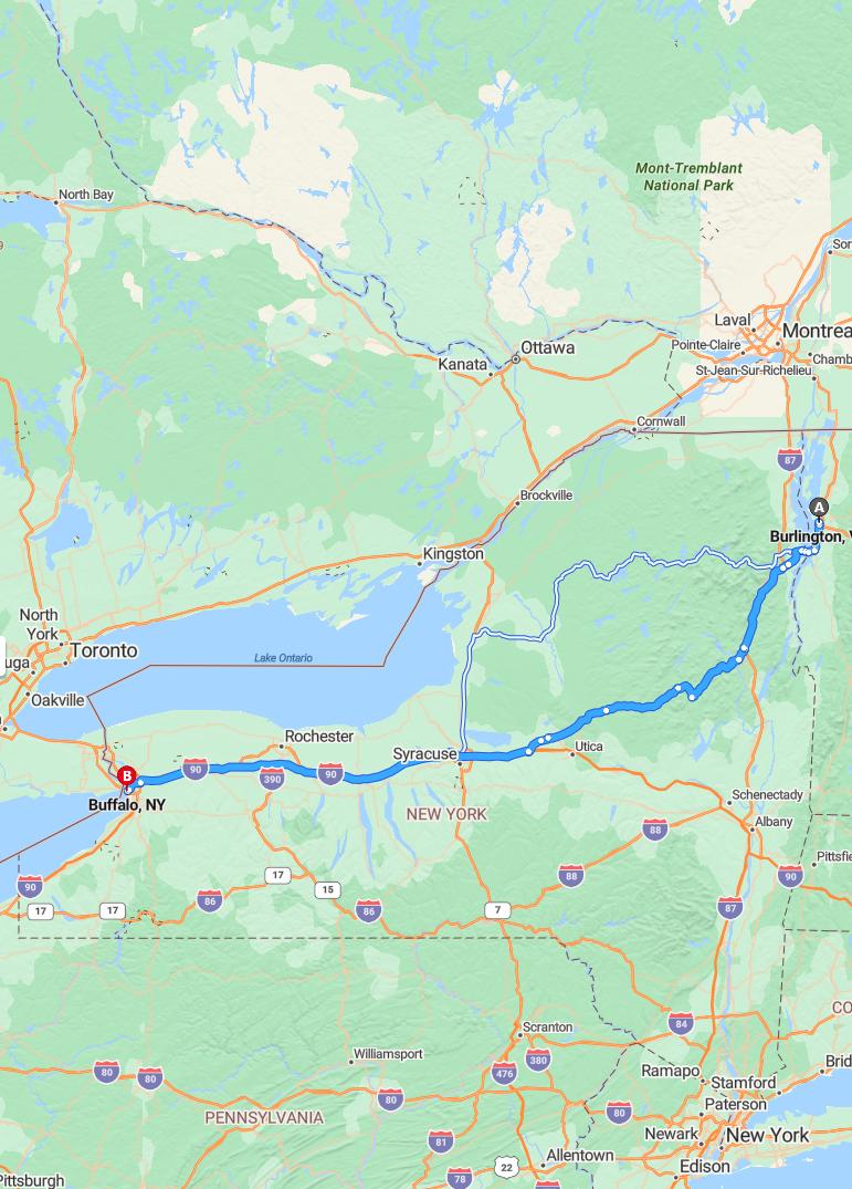 driving from Burlington, Vermont to BuffaloNew York - map and route
