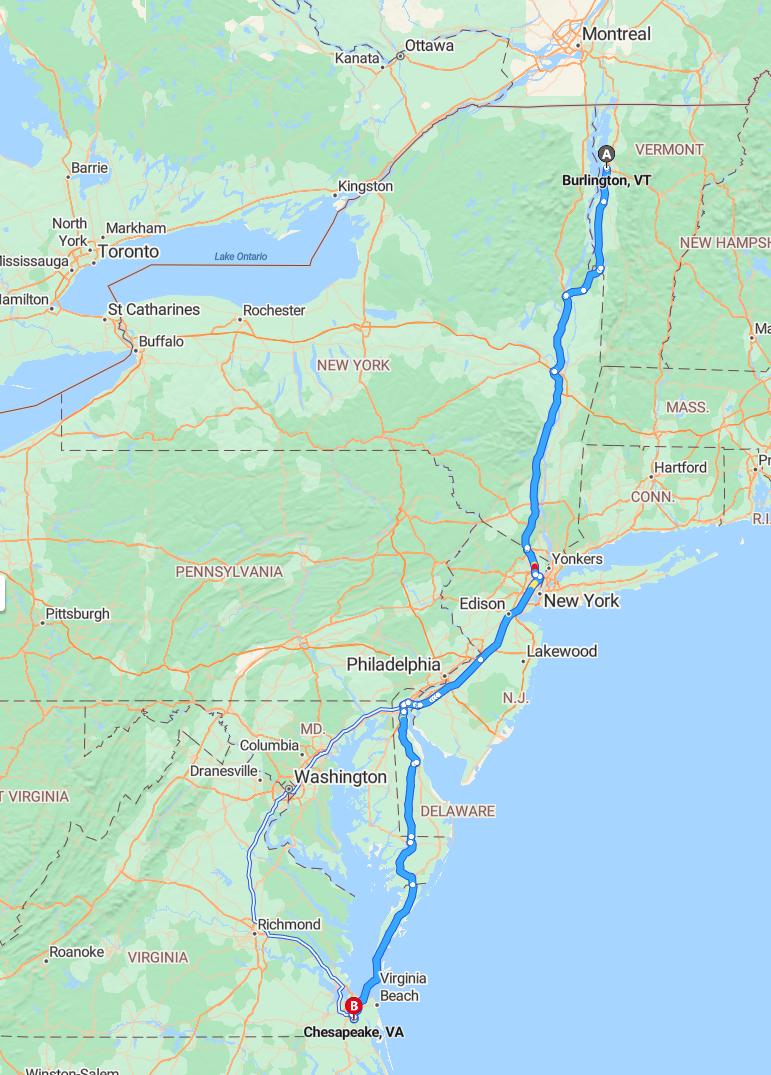 driving from Burlington, Vermont to ChesapeakeVirginia - map and route