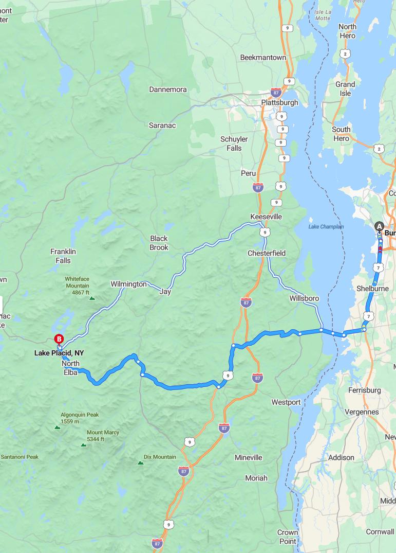 driving from Burlington, Vermont to Lake PlacidNew York - map and route