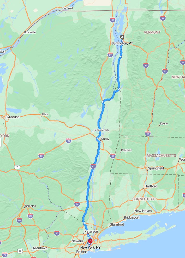 driving from Burlington, Vermont to New York CityNew York - map and route