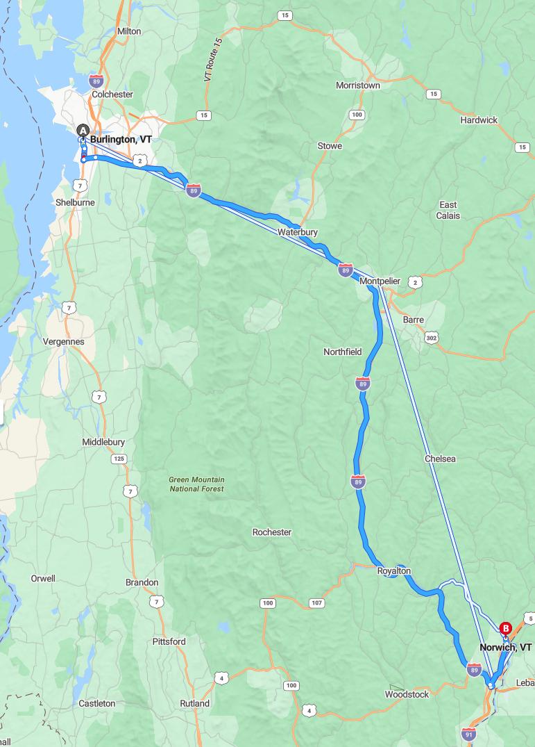 driving from Burlington, Vermont to NorwichVermont - map and route