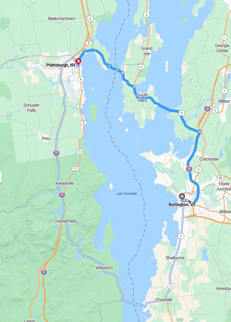 driving from Burlington, Vermont to PlattsburghNew York - map and route
