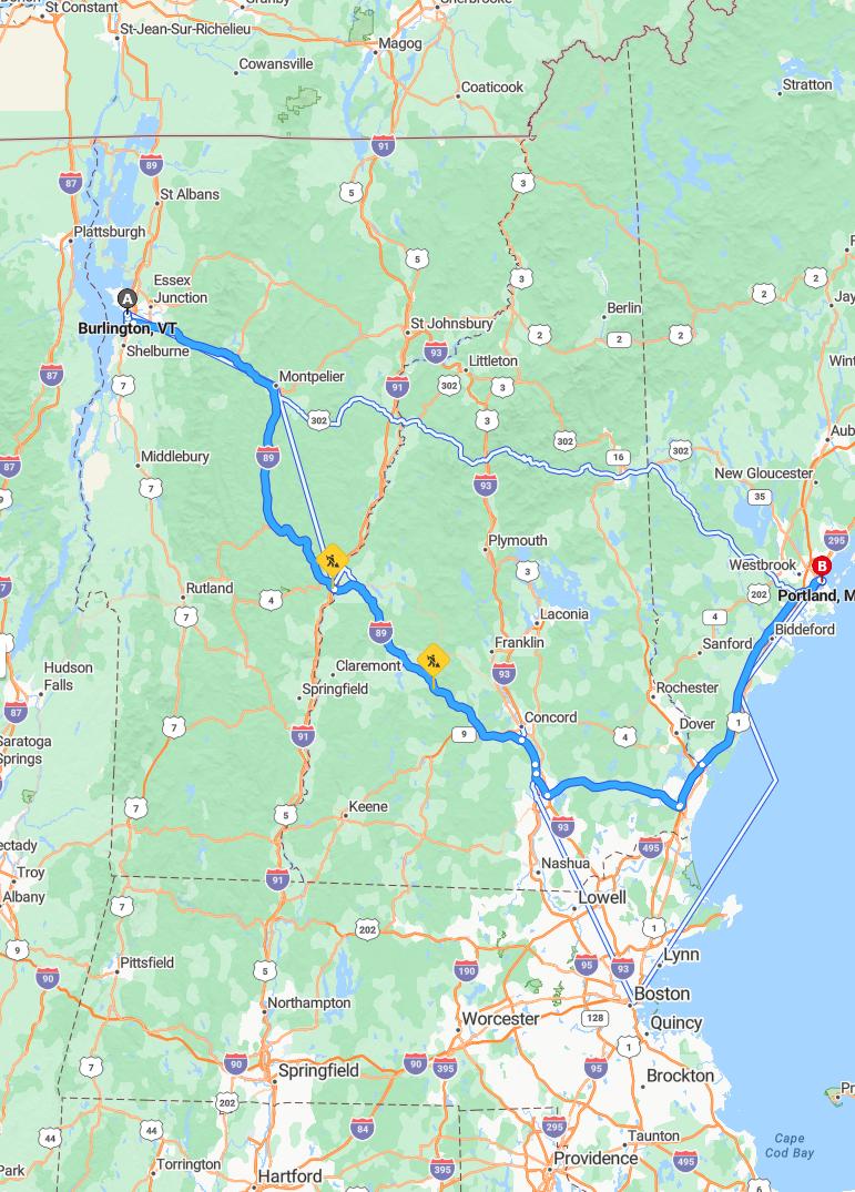 driving from Burlington, Vermont to PortlandMaine - map and route