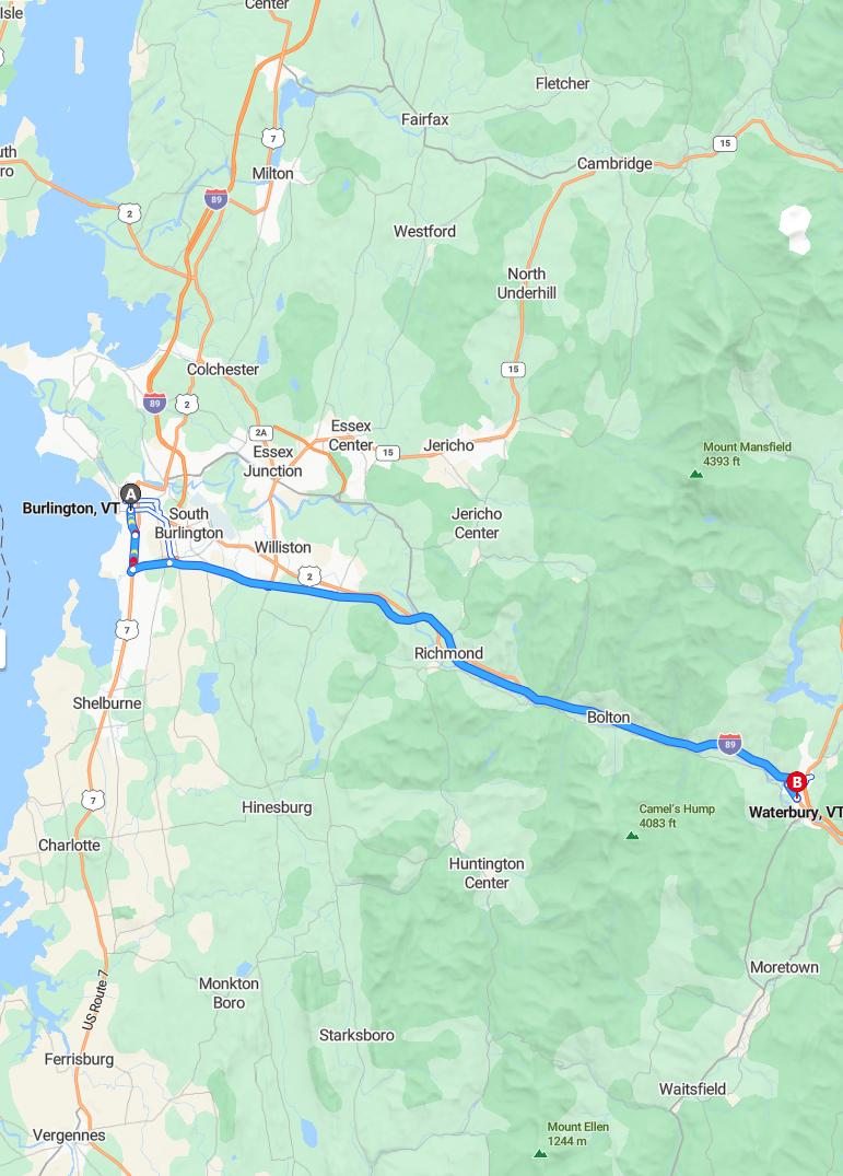 driving from Burlington, Vermont to WaterburyVermont - map and route