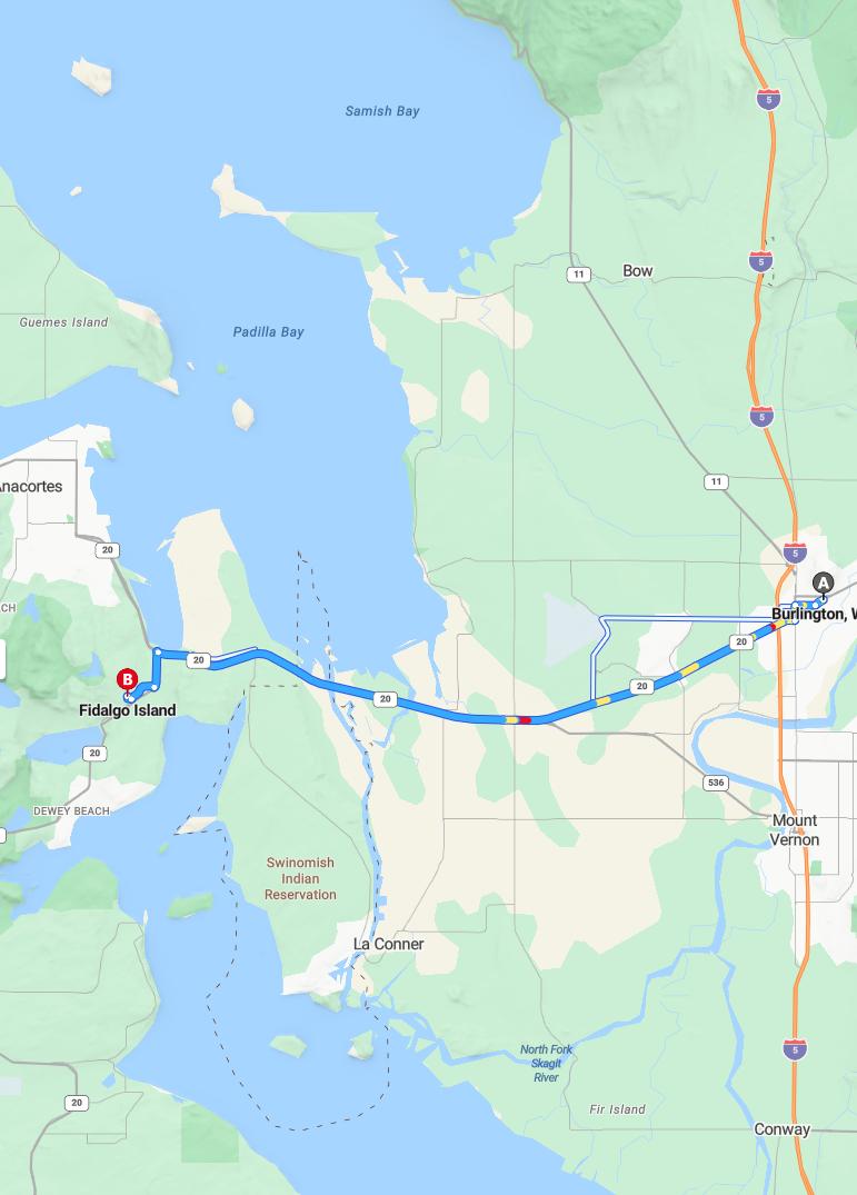 driving from Burlington, Washington to Fidalgo IslandWashington - map and route