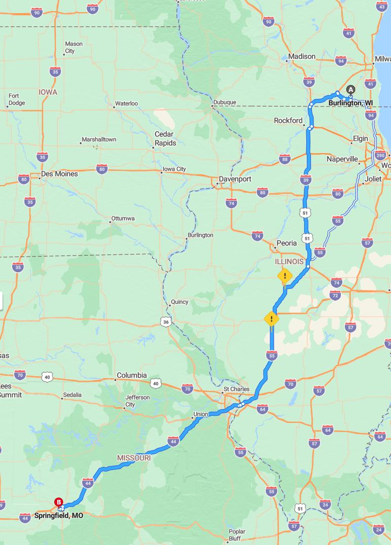 driving from Burlington, Wisconsin to SpringfieldMissouri - map and route