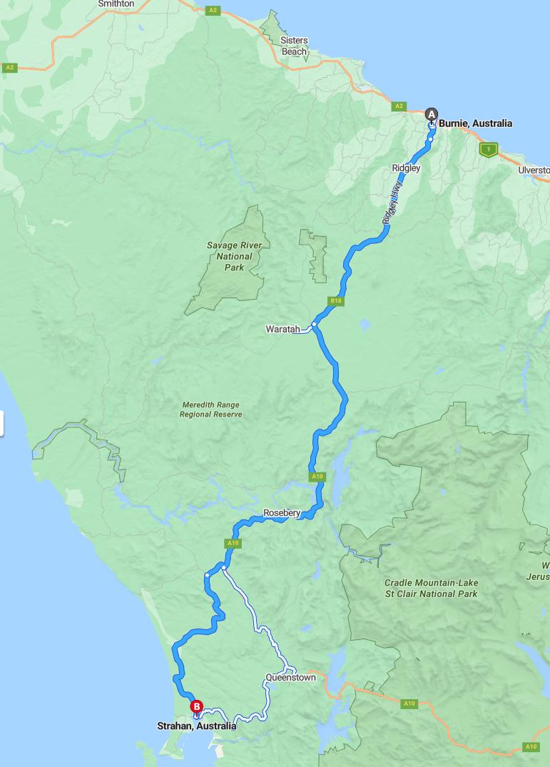 driving from Burnie, Tasmania to StrahanTasmania - map and route