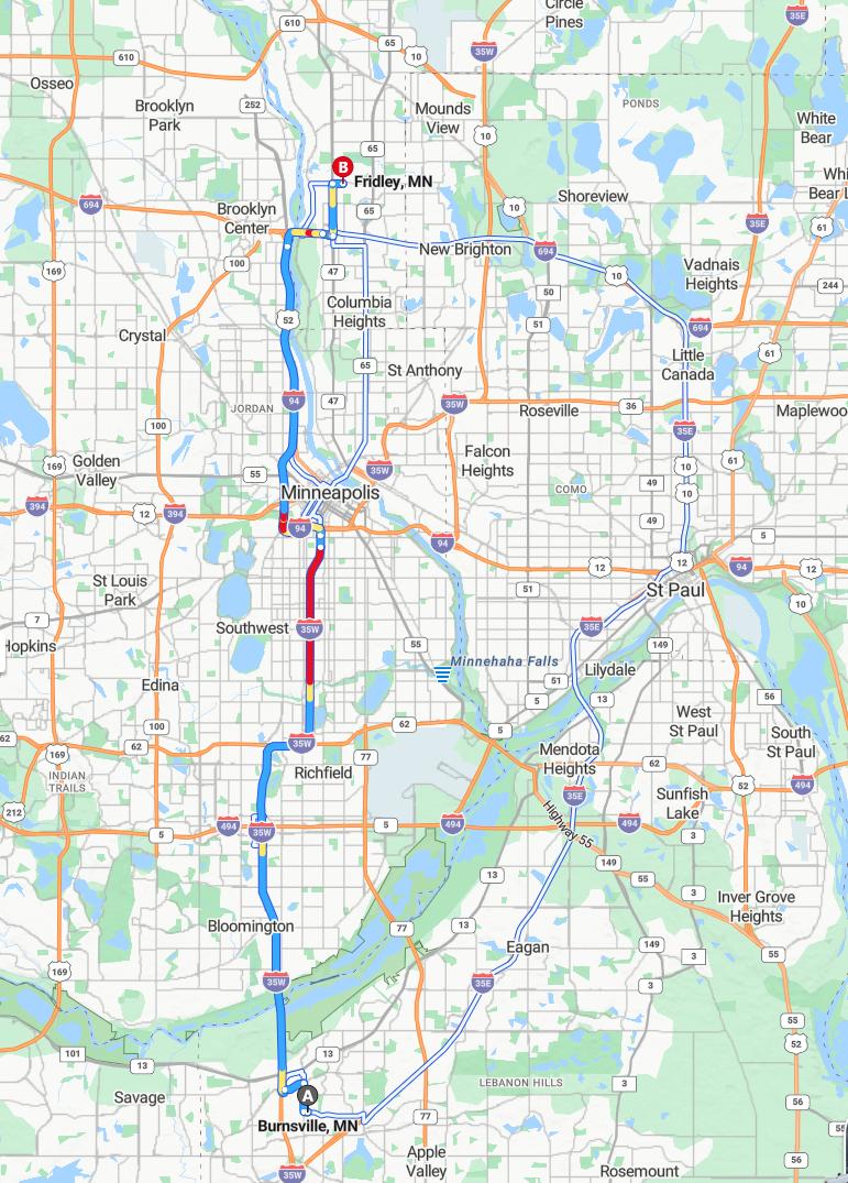 driving from Burnsville, Minnesota to FridleyMinnesota - map and route