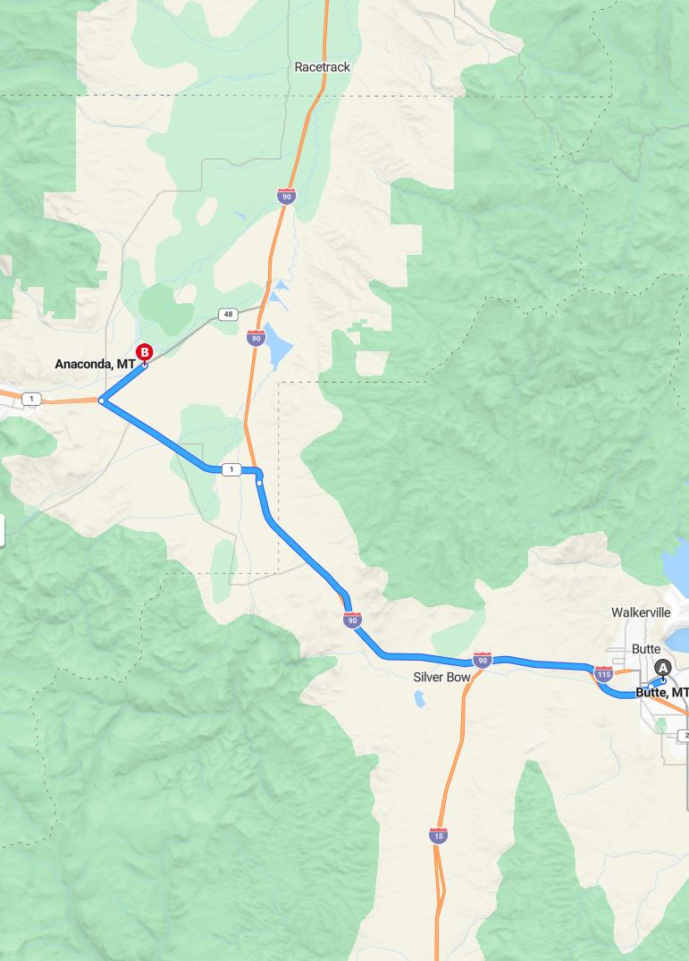 driving from Butte, Montana to AnacondaMontana - map and route
