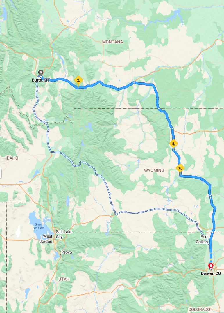 driving from Butte, Montana to DenverColorado - map and route