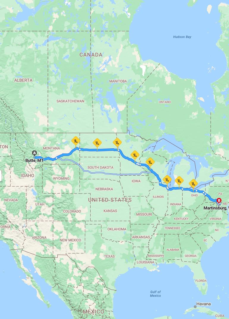 driving from Butte, Montana to MartinsburgWest Virginia - map and route