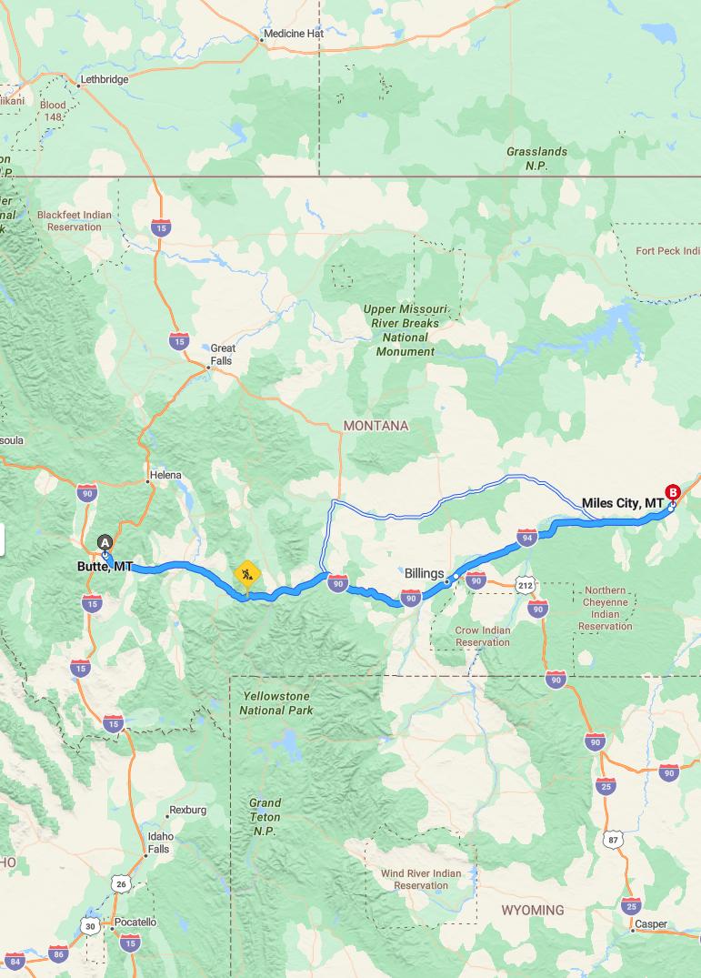 driving from Butte, Montana to Miles CityMontana - map and route
