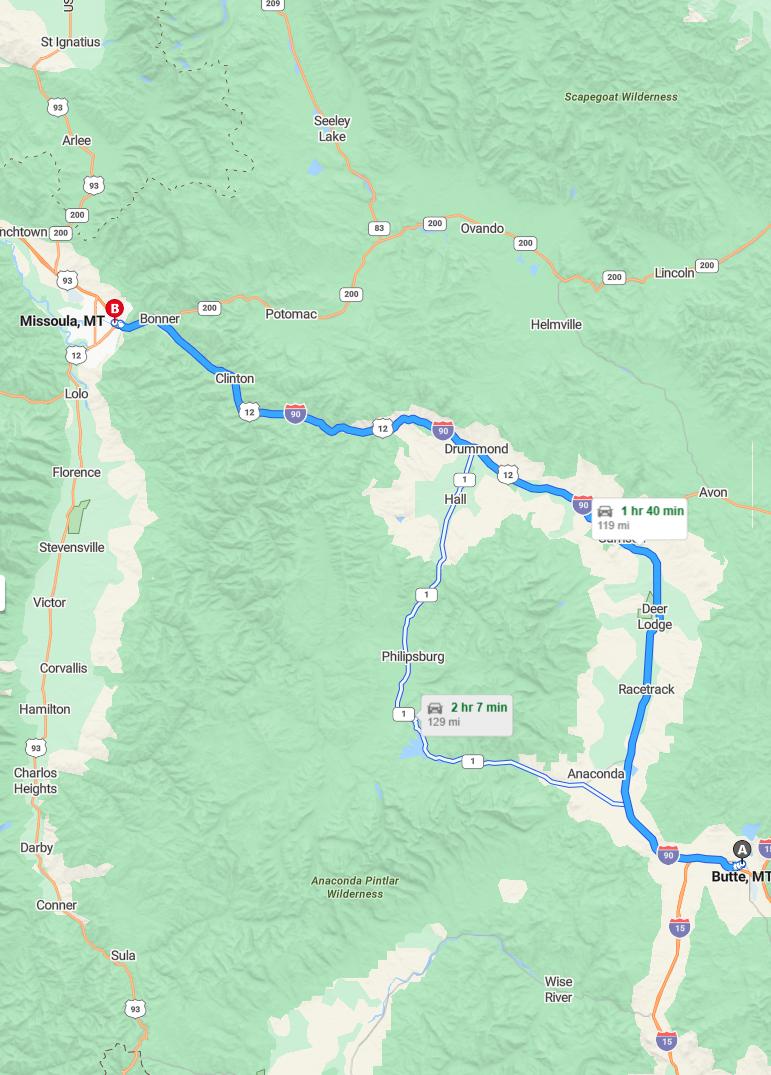 driving from Butte, Montana to MissoulaMontana - map and route