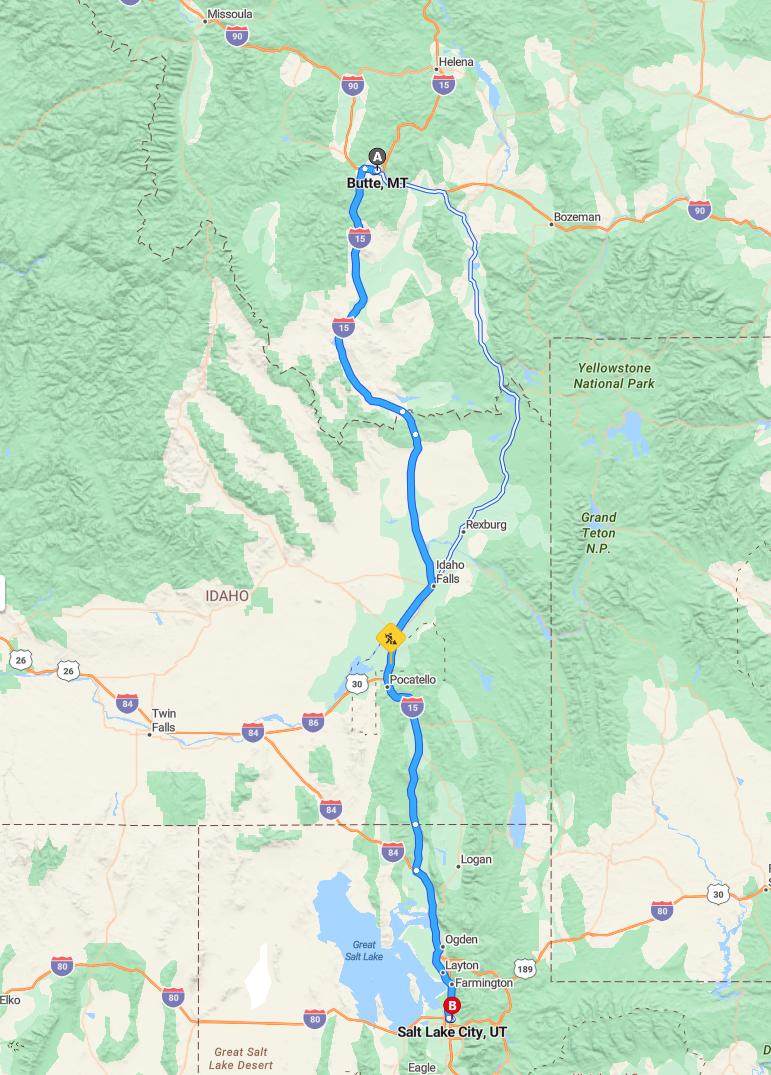 driving from Butte, Montana to Salt Lake CityUtah - map and route
