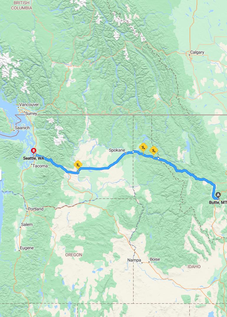 driving from Butte, Montana to SeattleWashington - map and route