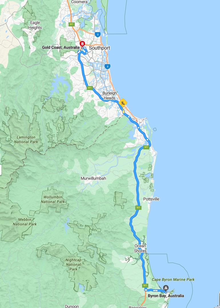 driving from Byron Bay, New South Wales to Gold CoastQueensland - map and route