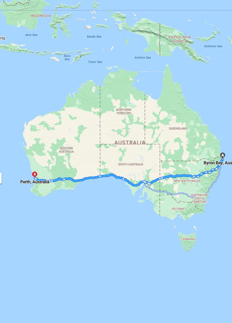 driving from Byron Bay, New South Wales to PerthWestern Australia - map and route