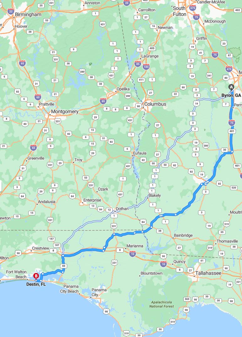 driving from Byron, Georgia to DestinFlorida - map and route